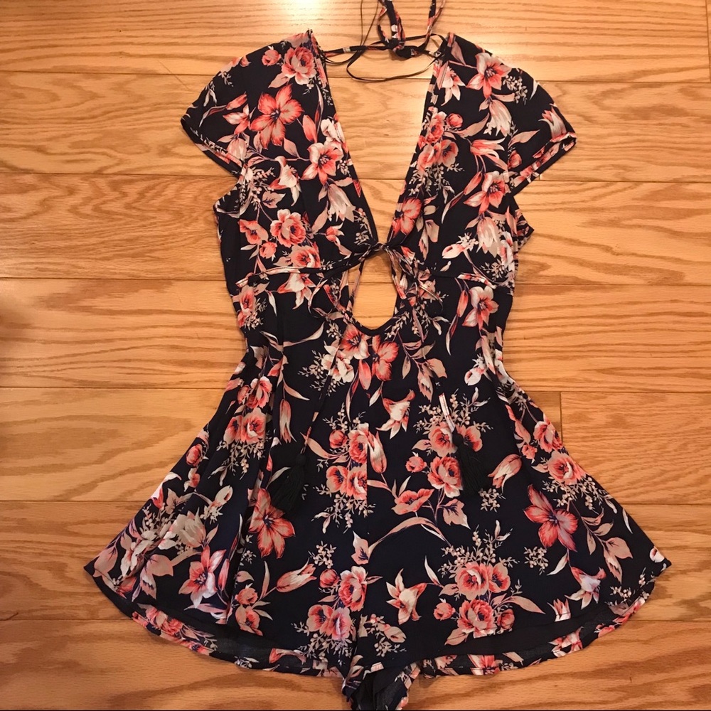 Navy & Pink Floral Cut Out Romper